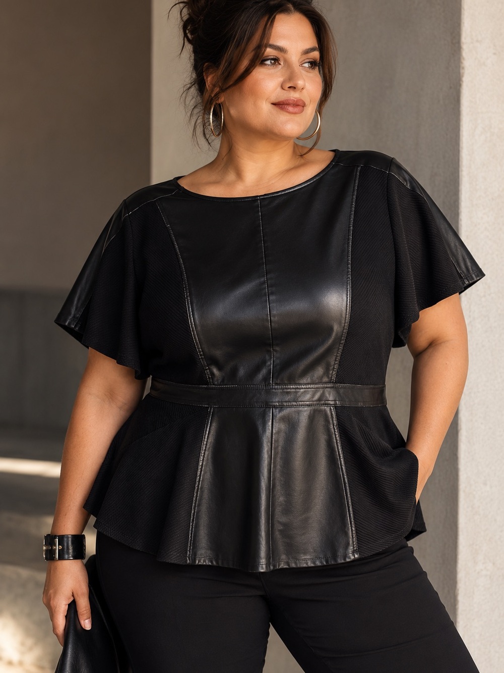 Worthington 2X Faux Leather Mixed Media Peplum Top Black